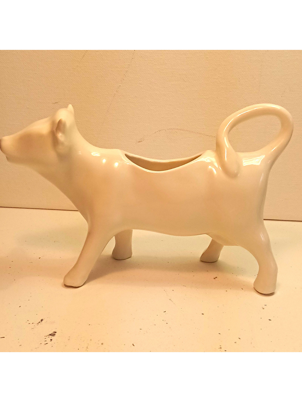 Vintage Ceramic White Cow Shaped Creamer Milk Jug Tail Handle Cottagecore